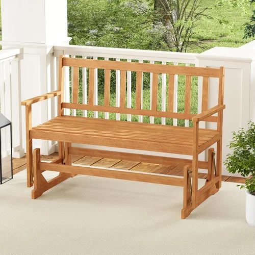Miniatura 2 de Tangkula Banco planeador de madera de acacia para 2 personas, resistente 800 libras, sofá biplaza mecedora para patio con asiento y respaldo