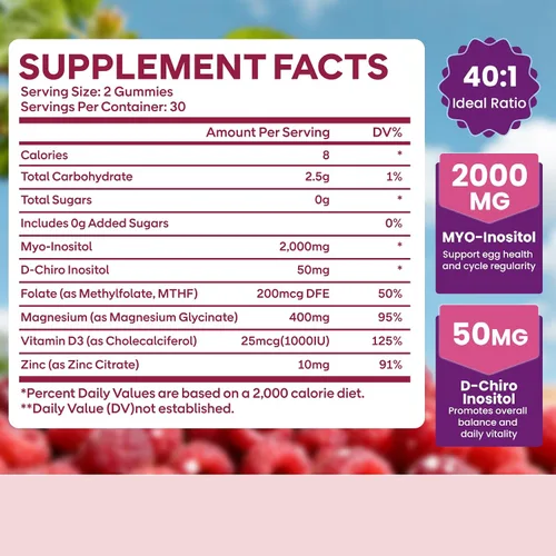 Miniatura 2 de Paquete de 2 gomitas de mio-inositol y D-Chiro inositol para mujeres de 2000 mg + 50 mg de proporción ideal 40:1 con vitamina D3, glicinato