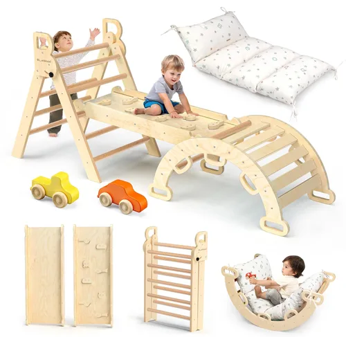 Miniatura 16 de BlueWood Conjunto de Triángulo Pikler con Cojín, Juguetes de Escalada 8 en 1 para Niños Pequeños, Gimnasio de Juegos de Filosofía Montessori