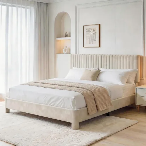 Miniatura 13 de Vipbear Base de cama de tamaño matrimonial con heaboard, marco de cama tapizado de terciopelo de lujo con soporte de listones de madera, bajo