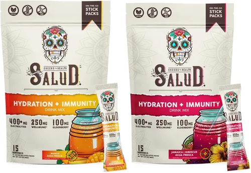Salud - Paquete de 2 | Hidratación 2 en 1 + inmunidad (mango) e hidratación + inmunidad (hibisco) – 15 porciones cada una, mezcla de bebida Agua