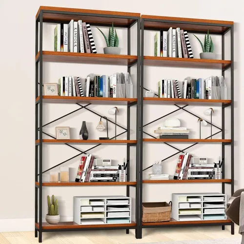 Miniatura 6 de BATHWA Estantería alta, estantería abierta moderna y ancha para libros, estantería industrial de metal de madera, estantería de muebles, estantería