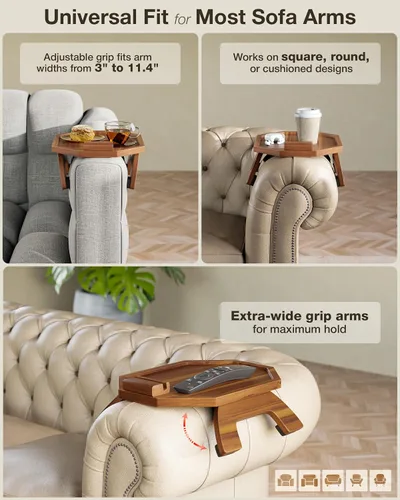 Miniatura 5 de BLUEWEST Bandeja para reposabrazos de sofá, mesa bandeja de madera de acacia que se engancha al brazo del sofá con soporte giratorio de 360°