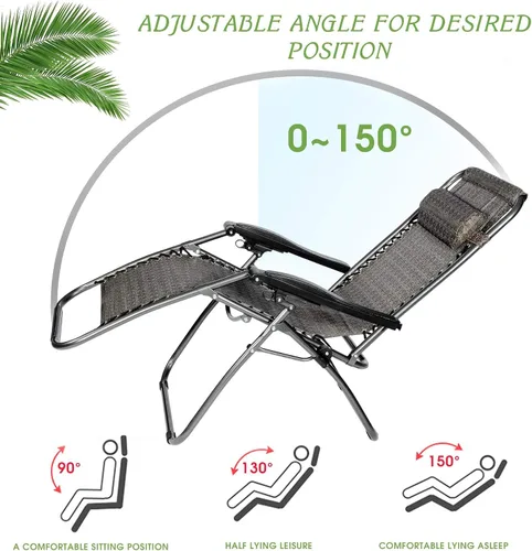 Miniatura 4 de Juego de 2 sillas ajustables de gravedad cero, Textilene plegable para exteriores con almohada extraíble, reclinables portátiles y livianas para Gris