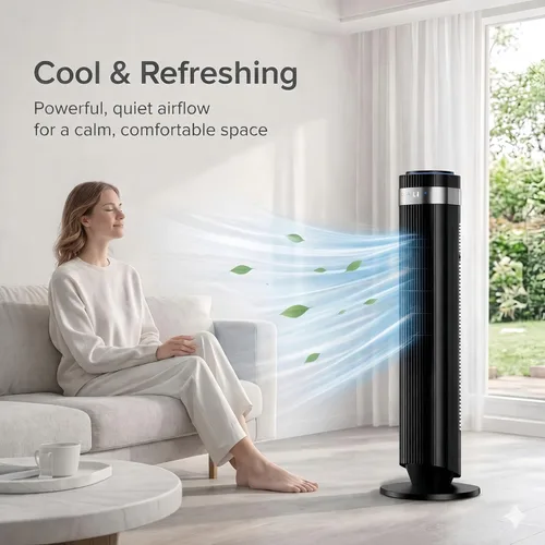 Miniatura 2 de Ventilador de torre para dormitorio, ventilador oscilante sin aspas con control remoto, 5 velocidades, 4 modos, ventilador silencioso de 28 dB, alta