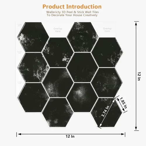 Miniatura 8 de Wallercity Azulejos hexagonales de metro negro para salpicaduras para salpicaduras de mármol en muro para cocina, 10 hojas de azulejos de pared