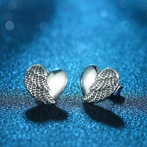 Miniatura 4 de Aretes de corazón de ala de ángel en plata de ley antigua 925 con espalda de mariposa 0.433x0.406 in, Plata de ley Turquesa Perla