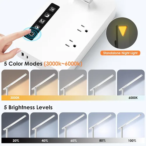 Miniatura 6 de Infiway Lámparas LED de escritorio para oficina en casa: lámpara de escritorio con puerto de carga USB - 1 USB-A, 1 puerto tipo C, 2 tomas de Blanco