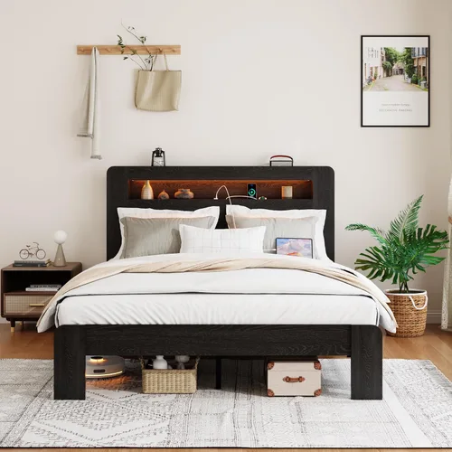 Miniatura 3 de Marco de Cama de Madera Tamaño Full con Cabecera de Almacenamiento, Marco de Cama de Plataforma Estilo Granja con Estante de Librería y Luces LED
