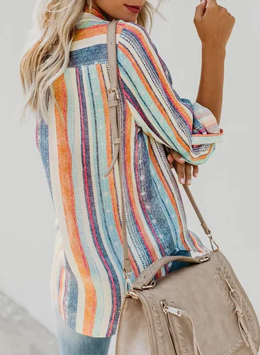 Miniatura 6 de Astylish - Camisa a rayas para mujer con cuello en V, blusa con mangas enrollables y botones
