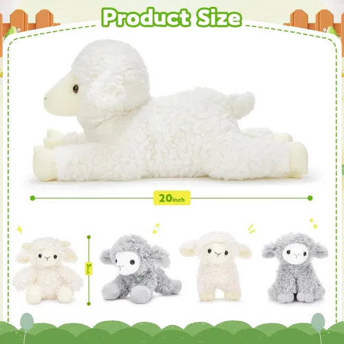 Miniatura 2 de Tezituor Juego de 5 Animales de Peluche de Cordero, Peluche Grande de Oveja Mamá de 20 Pulgadas con 4 Lindos Bebés Cordero, Almohada de Felpa
