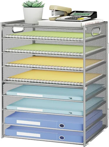 Miniatura 10 de SUBEKYU Organizador de papel de 9 niveles para escritorio, bandeja de cartas de malla de metal negro, organizador clasificador de papel de archivo