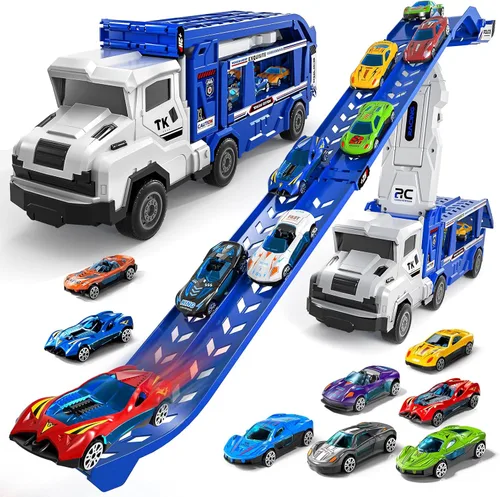 Juguetes de camiones de transporte para niños de 3, 4, 5, 6 y 7 años, juego de camiones transportadores con pista de carreras y 12 juguetes de autos