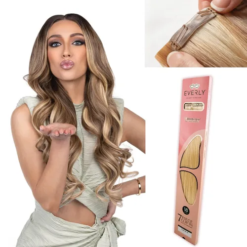 Miniatura 11 de Everly Extensión de cabello con clip, 7 piezas de cabello humano Remy sin costuras con clip de trama de silicona con tecnología de clip de mariposa