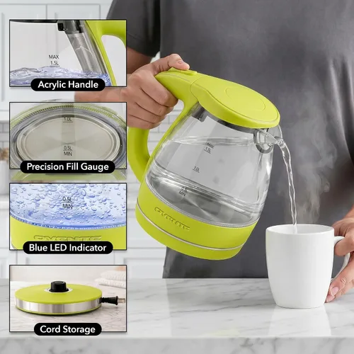 Miniatura 5 de Ovente Tetera de 1.5 litros libre de BPA, cristal, inalámbrica, eléctrica Verde