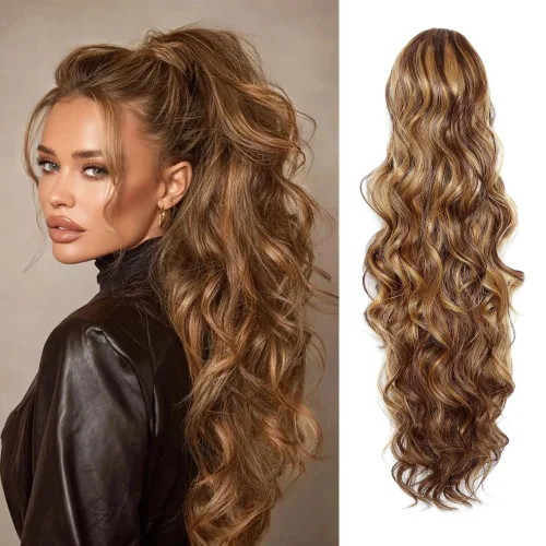 Miniatura 10 de KETHBE Extensión de pelo para cola de caballo de 24 pulgadas con onda corporal, sintética, resistente al calor, con cordón envolvente, rizada