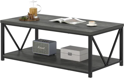 Miniatura 8 de EXCEFUR Mesa auxiliar, mesa de sala de estar de madera rústica y metal, mesa central rectangular industrial con estante de almacenamiento, 47 Gris