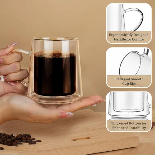 Miniatura 4 de Joeyan Juego de 2 tazas de café de vidrio de doble pared de 10.8 onzas, tazas de café de vidrio transparente aisladas con asa, tazas térmicas de dos
