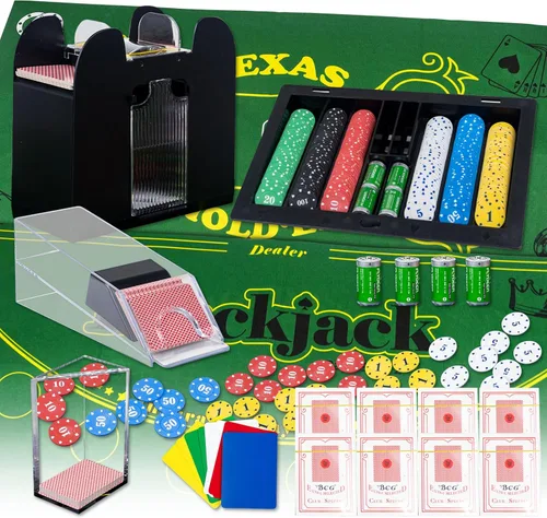 Juego de mesa de casino, Blackjack/Texas Hold'em/Poker con zapato de cartas, bandeja de descarte, barajador automático, rastrillo de fichas, 360