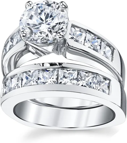 Miniatura 3 de Set de anillos de compromiso de plata esterlina con ronda y corte princesa de circonia cúbica