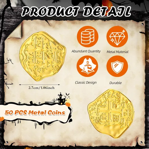 Miniatura 2 de Hanaive 50 monedas piratas de metal, réplicas de doblón español, fichas de metal del tesoro pirata, monedas de juego falsas para niños