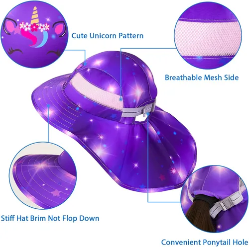 Miniatura 68 de Sombrero de sol para niños, protección UV, unicornio, verano, playa, jugar con ala ancha, solapa para el cuello para niñas y niños