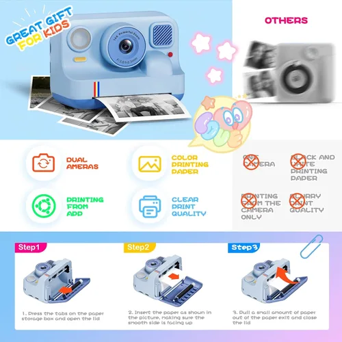 Miniatura 8 de Cámara de impresión instantánea para niños, regalos de cumpleaños de Navidad para niñas y niños de 3 a 15 años, cámara de video digital portátil Azul