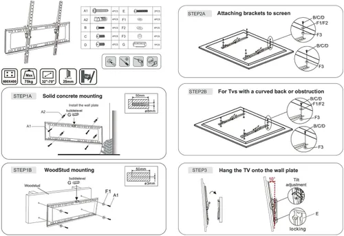 Miniatura 9 de NTQinParts Soporte de pared para TV plano con inclinación de 10° para Insignia NS-43F301NA22, NS-50F301NA24, NS-55F301NA22, NS-65F301NA23