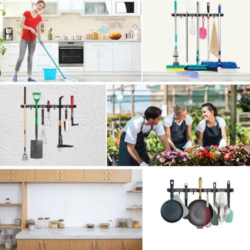 Miniatura 6 de Huryfox Soporte para fregona y escoba montado en la pared, resistente estante de acero inoxidable con ganchos utilitarios, 5 estantes, 4 ganchos
