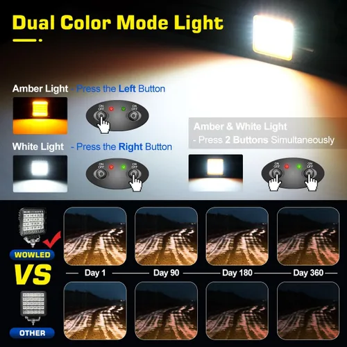 Miniatura 2 de Luces LED ámbar y blanco de alta gama, paquete de 2 módulos de luz cuadrados de 4.5 pulgadas con arnés de cableado, 3 modos de inundación puntual