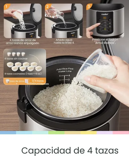 Miniatura 4 de COMFEE - Arrocera 6 en 1 de acero inoxidable, cocina lenta, vaporizador, salteado y calentador, 2 cuartos de galón, 8 tazas cocidas
