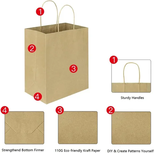 Miniatura 3 de Oikss Paquete de 50 bolsas de papel kraft marrón mediano de 8 x 4.75 x 10 pulgadas con asas a granel para cumpleaños, bodas, fiestas, comestibles