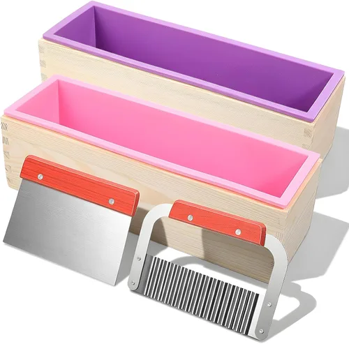 Kit de 2 moldes rectangulares de jabón para pan con caja de madera, molde de silicona flexible de 42 onzas, cortador de acero inoxidable ondulado y