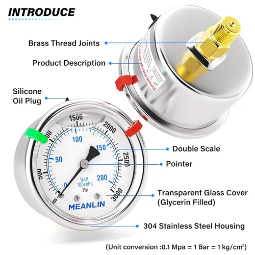 Miniatura 96 de MEANLIN MEASURE Medidor de presión de acero inoxidable relleno de líquido de 0 ~ 300 psi, esfera de cara NPT de 2 pulgadas para compresor de aire