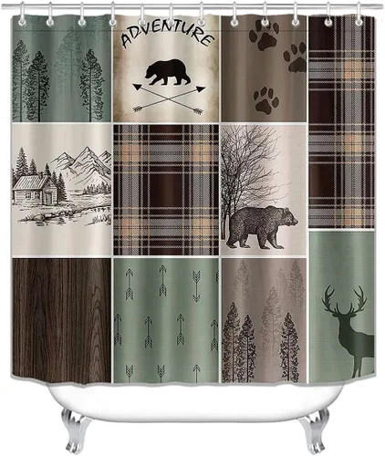 Miniatura 2 de Jayden Madge - Juego de 4 cortinas de ducha de granja verde salvia, búfalo marrón, retazos, bosque, montaña, ciervo, oso negro, estampado de patas