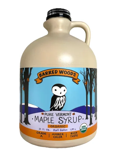 Barred Woods Maple - Jarra de Medio Galón Jarabe de Arce Puro Orgánico de Vermont 64 oz - Grado A Ámbar Rico