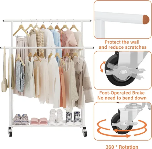 Miniatura 8 de Calmootey Perchero de Ropa de Doble Barra, Perchero Colgante Rodante, Organizador de Ropa Portátil para Dormitorio, Sala de Estar, Tienda de Ropa