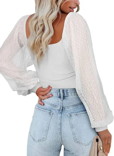 Miniatura 4 de PINKMSTYLE Body de manga larga con cuello cuadrado para mujer, con lunares, traslúcido, básico