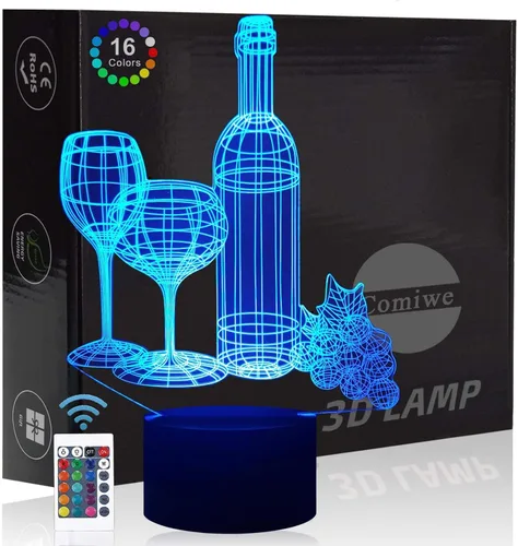 Luz nocturna de ilusión 3D de copa de vino, lámpara de noche LED regulable de 16 colores con control táctil y remoto, USB y alimentada por batería,