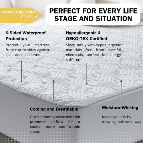 Miniatura 5 de Protector de colchón impermeable de 5 lados, viscosa de bambú suave, refrescante y transpirable, bolsillo profundo para camas de hasta 18 pulgadas