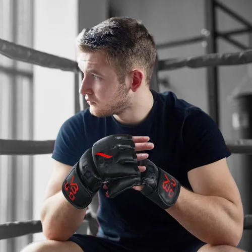 Miniatura 6 de Guantes MMA Grappling Sparring, cuero maya, guantes de boxeo Muay Thai artes marciales, guantes ajustables de medio dedo, soporte de muñeca, jaula