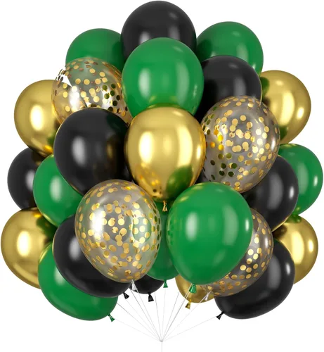 Isndare Globos Negros, Dorados y Verdes para Decoraciones de Fiesta de Graduación 60 Piezas 30.5CM Globos Negros, Dorados y Verdes Metálicos Negro