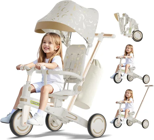 Miniatura 10 de WinHope Triciclo de empuje 9 en 1 para niños pequeños de 1 a 3 años, triciclo convertible para niños con asa de empuje y cinturón de seguridad, Negro