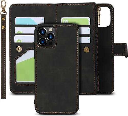 iCoverCase Funda tipo cartera para iPhone 12/12 Pro con tarjetero y correa para la muñeca, de piel sintética, ranuras para tarjetas, bolsillo con