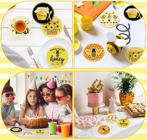 Miniatura 4 de Shellwei Juego de 8 posavasos de pintura de diamantes de abeja de verano, arte de diamantes de abeja de miel con soporte, posavasos de pintura