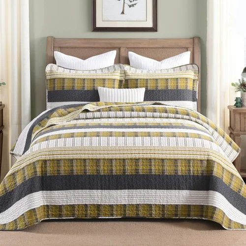 Miniatura 16 de Homzard - Juego de ropa de cama de algodón, tamaño Queen, color amarillo, negro y gris a rayas, ligero, de estilo rústico, para todas las 01-2