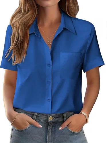 Miniatura 14 de Zeagoo Blusa de manga corta con botones para mujer, con bolsillo en el busto, para negocios, casual, para el trabajo, trajes de verano