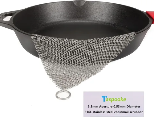 Miniatura 9 de Limpiador de Hierro Fundido - 4"x4" Malla de Cadena de Acero Inoxidable 316L de 3.8mm de Diámetro, Premium, Círculo Delgado y Pequeño, Rascador