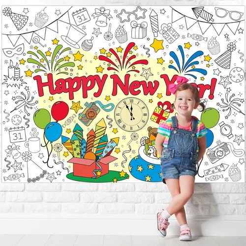 Miniatura 6 de Póster gigante para colorear con texto en inglés «Happy New Year» para niños y niñas, mantel gigante para colorear con libros grandes, para pared