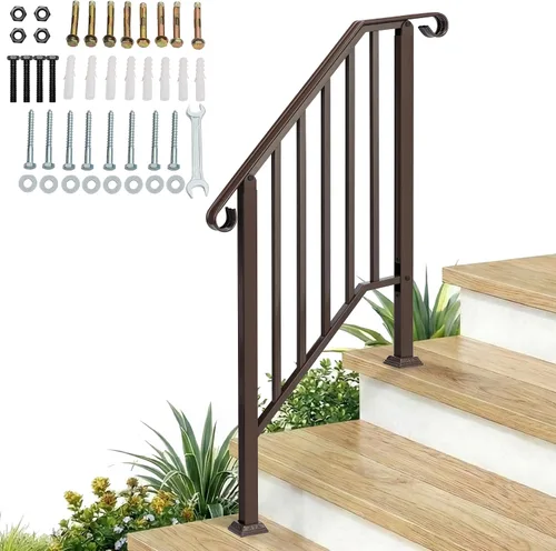 Miniatura 9 de Outvita Pasamanos para escalones al aire libre, pasamanos de hierro forjado para 2 o 3 escalones, pasamanos de transición con kit de instalación
